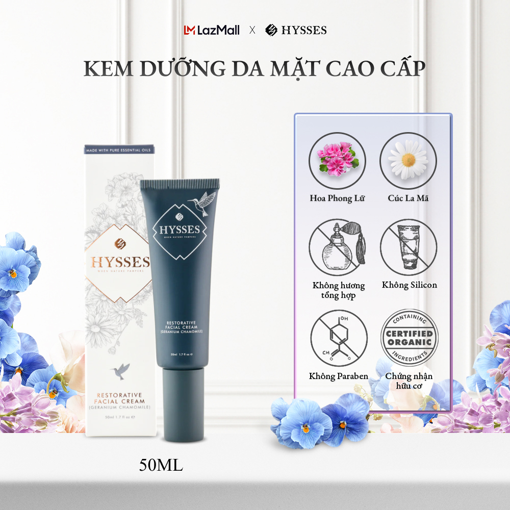 Kem Dưỡng Da Cao Cấp Hysses Restorative Facial Cream Giảm Kích Ứng, Mẩn Đỏ, Chàm, Cấp Ẩm Chuyên Sâu & Tái Tạo Tế Bào Da Với Tinh Dầu Hoa Phong Lữ  - Cúc La Mã Hữu Cơ Tự Nhiên