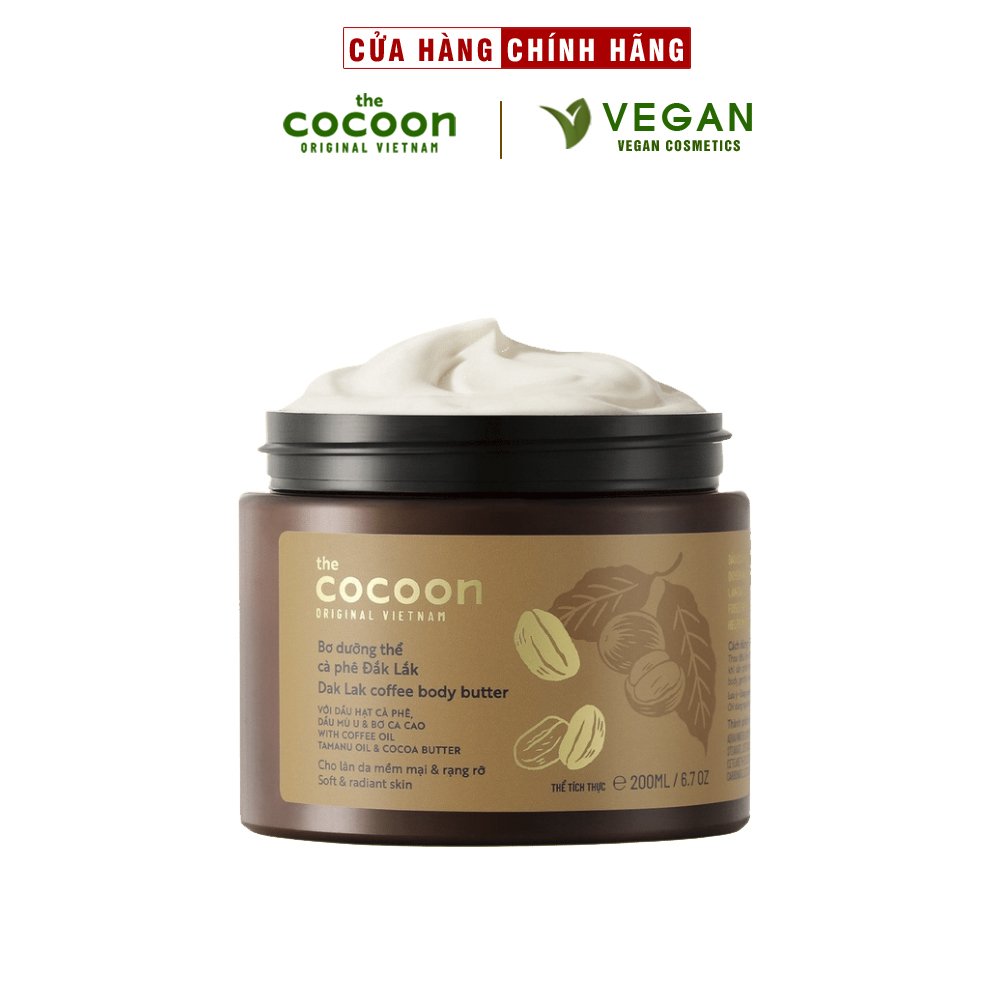  Bơ dưỡng thể cà phê đắk lắk cocoon 200ml thuần chay da mềm mại rạng rở - 100% VEGAN - Mỹ phẩm thuần chay 