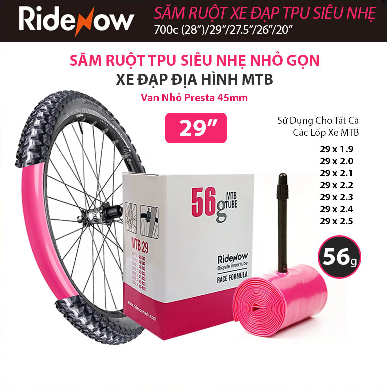 Ridenow săm ruột xe đạp siêu nhẹ chỉ 56g săm xe đạp mtb địa hình bánh 29 inch x 1.9-2.5 van nhỏ 45mm chất liệu bằng tpu nhỏ nhẹ
