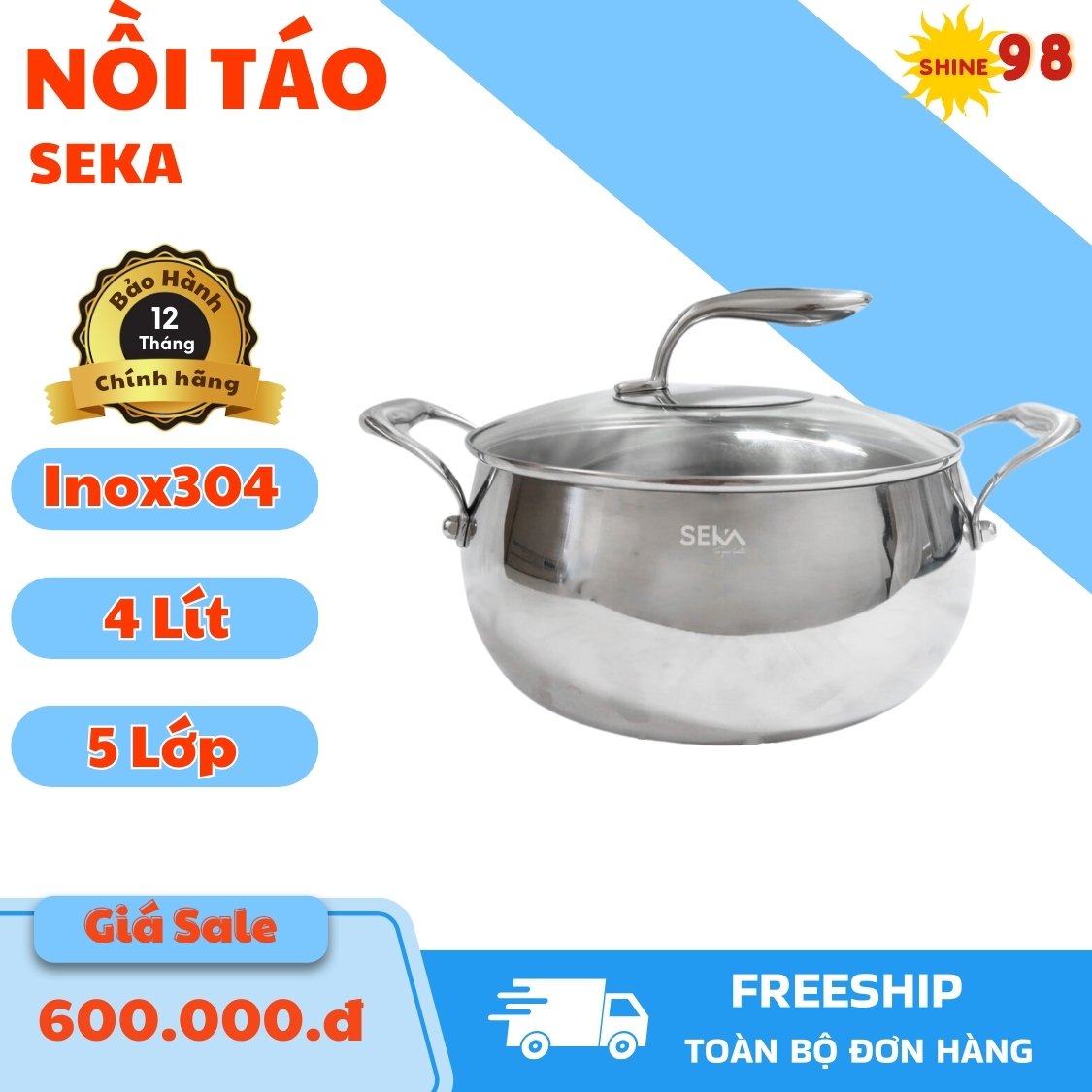 Nồi Táo Đa Năng Seka SK6080 size 22cm - Nồi nấu đa năng - Nồi inox 304 Seka hiện đại nắp kính trong 