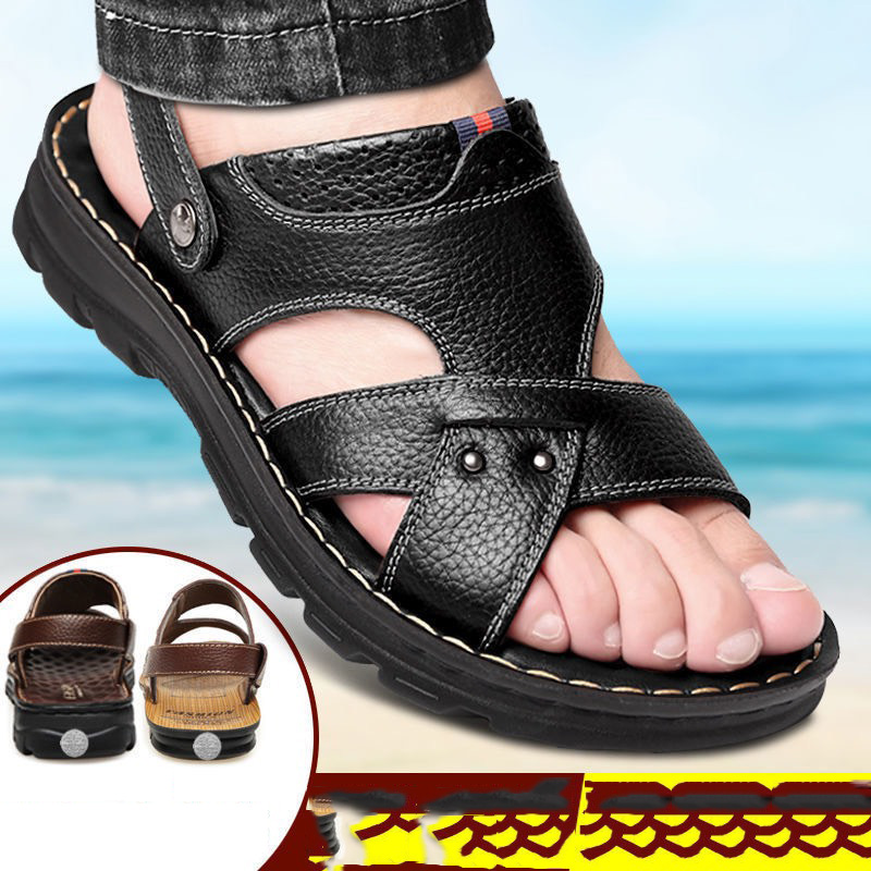 Sandal quai chéo nam da bò đế khâu, dép quai hậu siêu bền