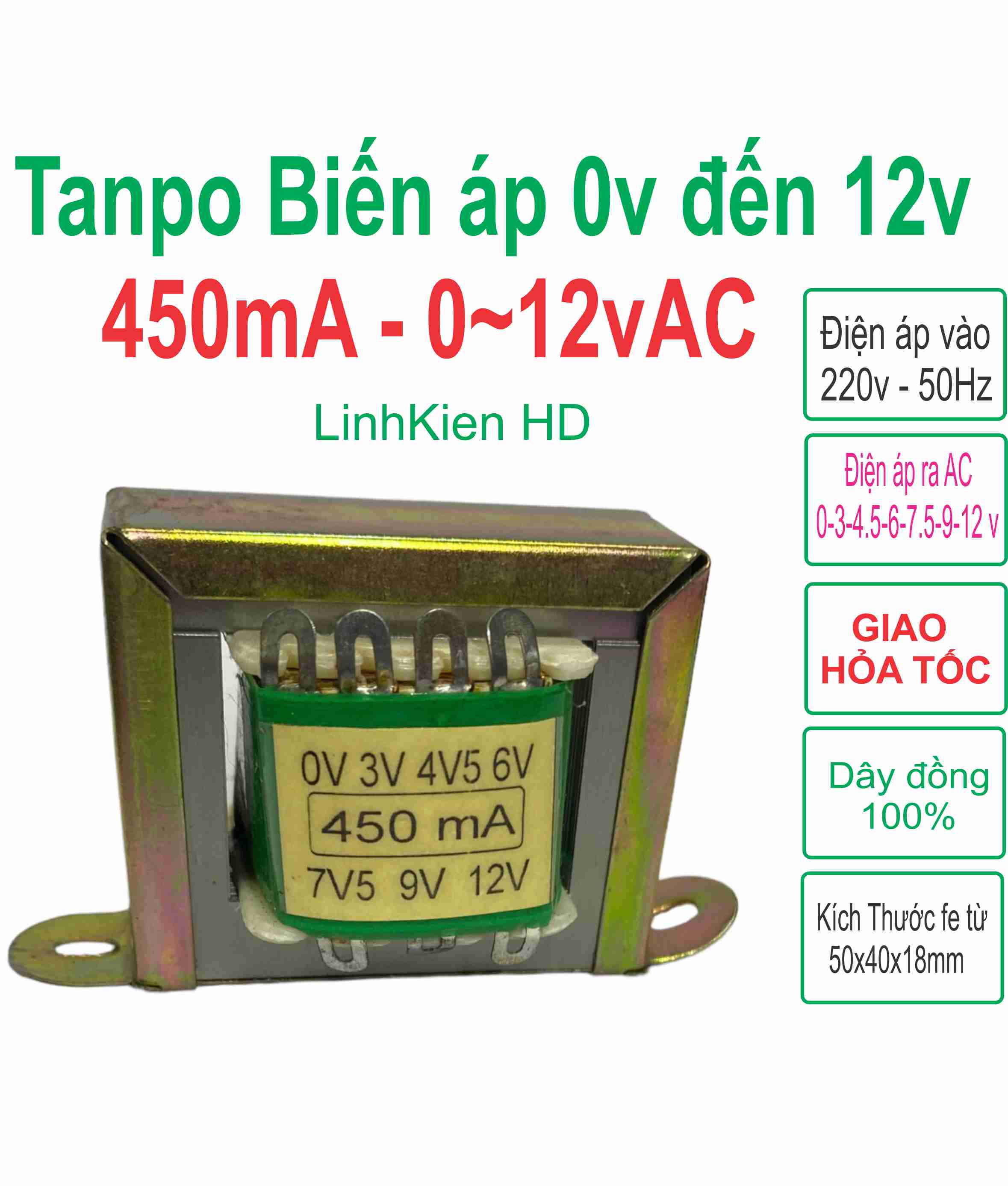 Biến áp đối xứng hạ áp ac vào 220v ra ac 0v ~ 12v - 450ma linhkien hd