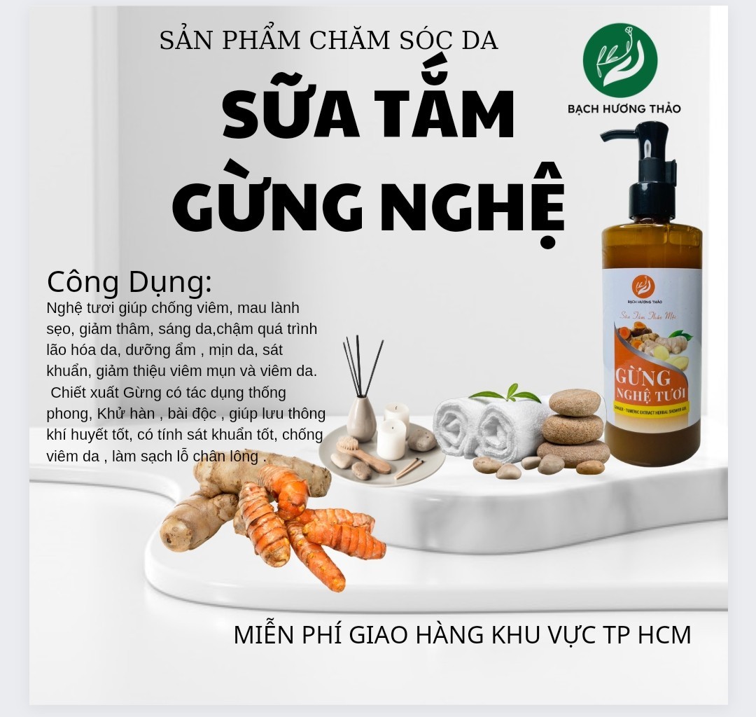 Sữa tắm thảo mộc tinh chất gừng và nghệ tươi combo 5 chai 300ml. giúp sáng da, giảm thâm ngăn ngừa viêm da , Bạch hương thảo