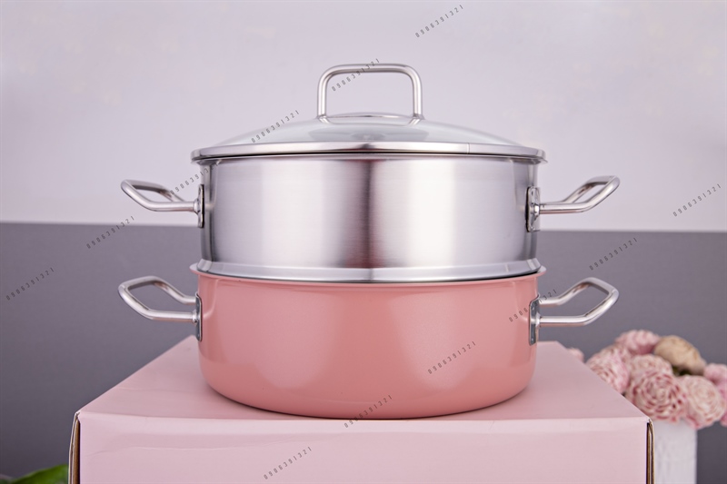 Bộ nồi - xửng hấp nắp kính phủ ceramic hồng 24cm edelkochen - inox 18/10