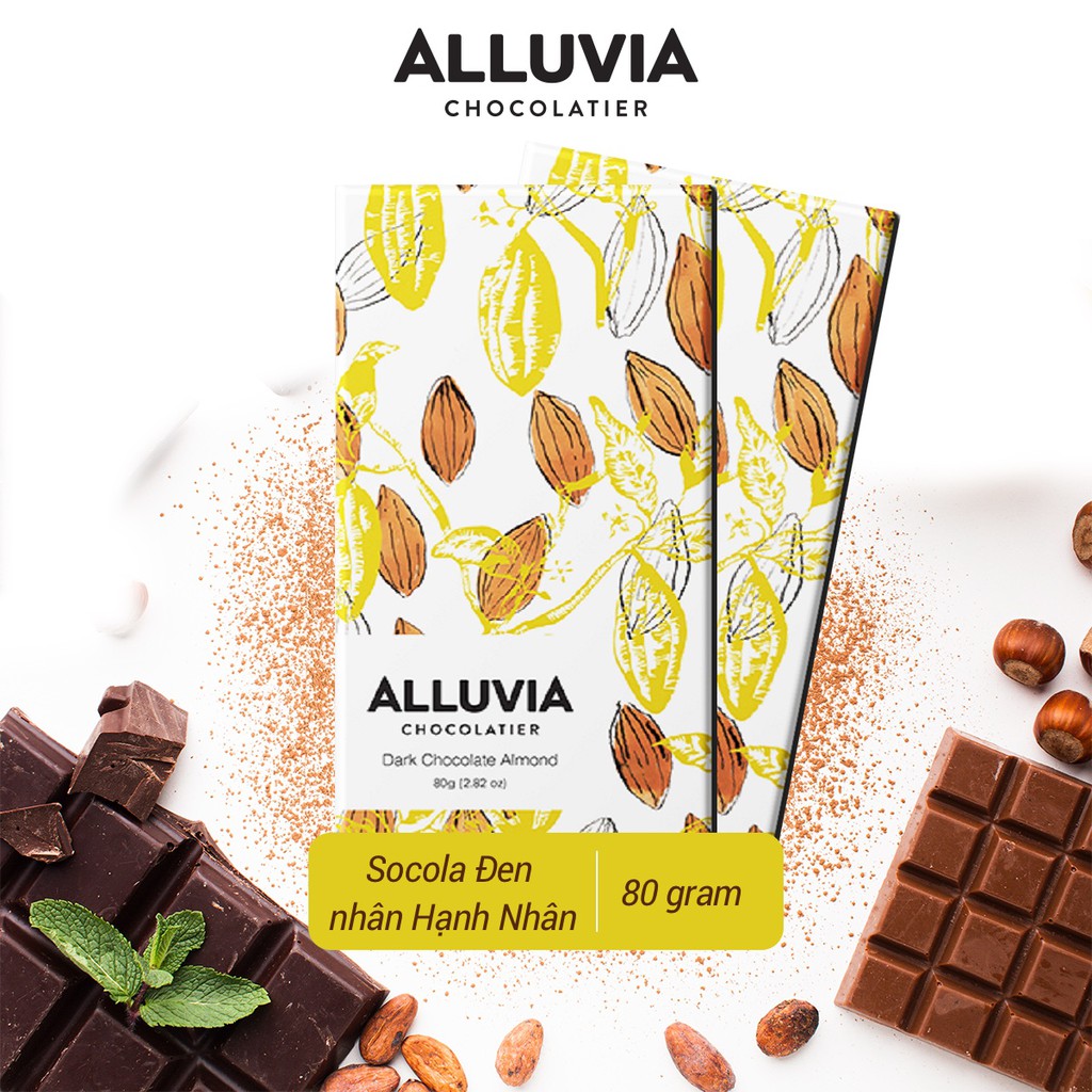 Socola đen nguyên chất nhân Hạnh Nhân đắng vừa ít ngọt Alluvia Chocolate thanh lớn 80 gram