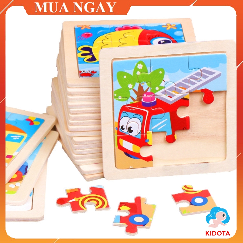 Đồ chơi xếp hình tranh ghép cho bé 9 mảnh ngộ nghĩnh chất liệu gỗ an toàn KIDOTA