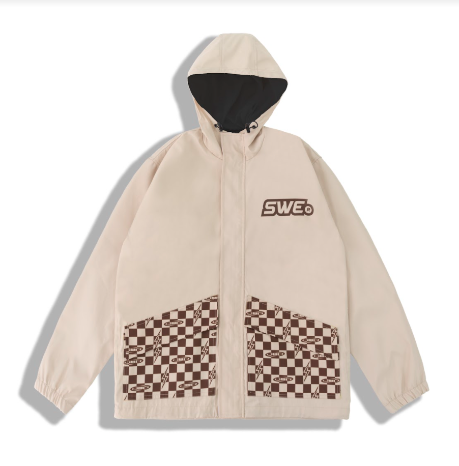 Áo khoác nam tay dài checkered jacket - cream/đen vải dù hai lớp dày dặn