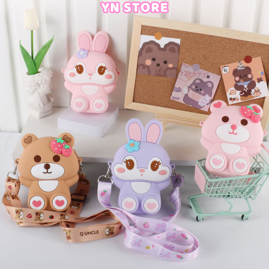 Túi đeo chéo cho bé gái hình gấu hình thỏ túi silicon trẻ em mini thời trang đi chơi túi mini thời trang phong cách dễ thương màu hồng nâu tím