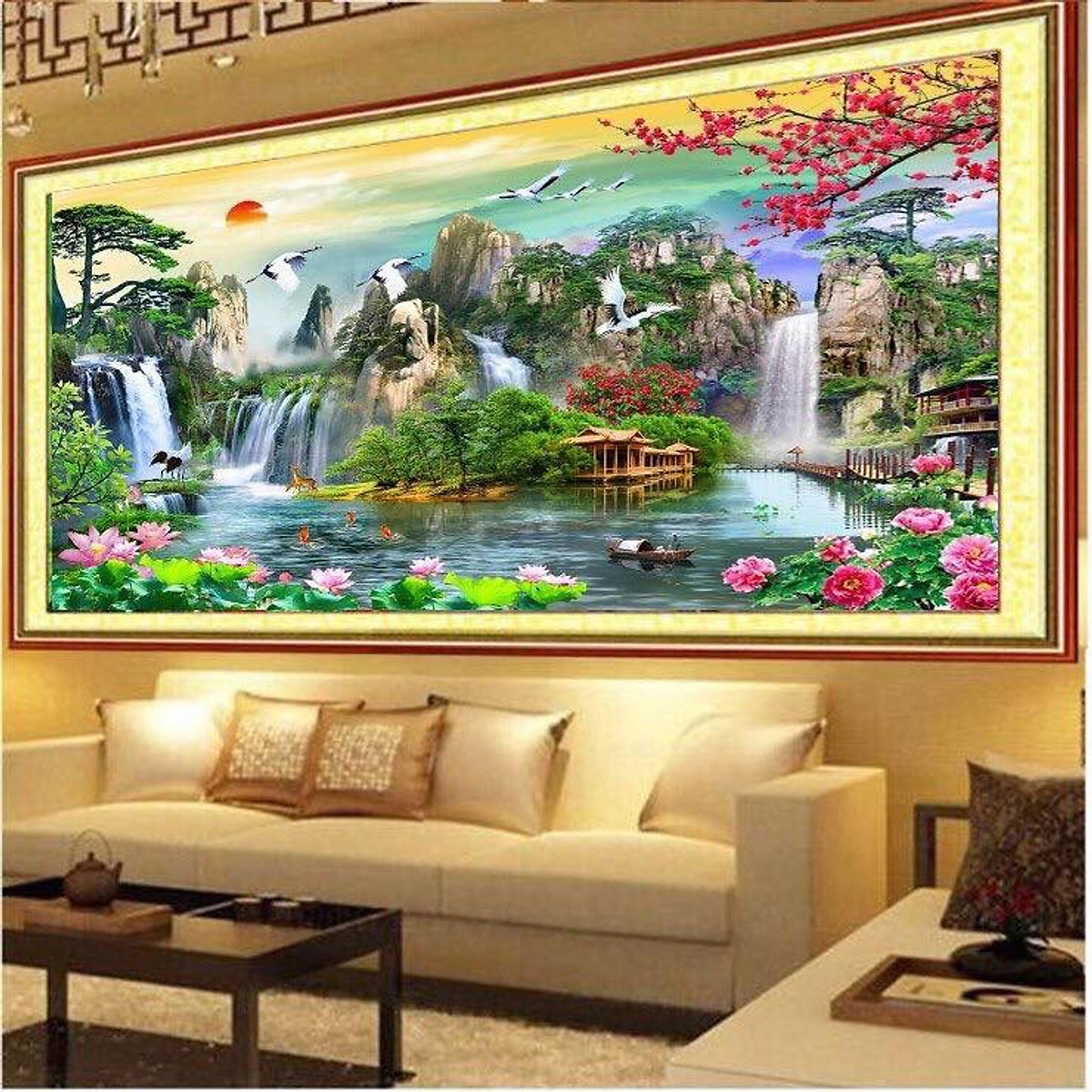 Tranh treo tường  phòng khách-Tranh Sơn Thủy Hữu Tình M02/ Gỗ MDF cao cấp phủ kim sa/ Chống ẩm mốc, mối mọt/Bo viền góc tròn
