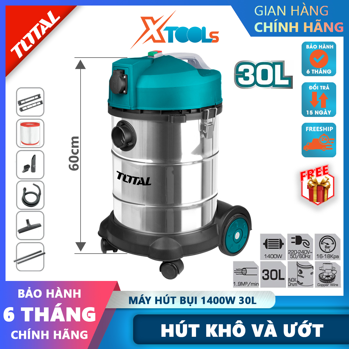 Máy hút bụi đa năng hút khô và ướt TOTAL 10L-75L máy hút bụi công nghiệp, gia đình công suất lớn, có chức năng thổi bụi kèm phụ kiện