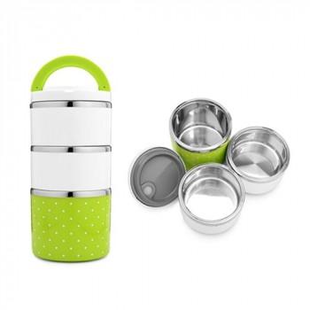 Hộp Cơm 3 Tầng Giữ Nhiệt Chấm Bi Ruột Inox, hộp cơm 3 tầng, camen cơm, hộp cơm giữ nhiệt