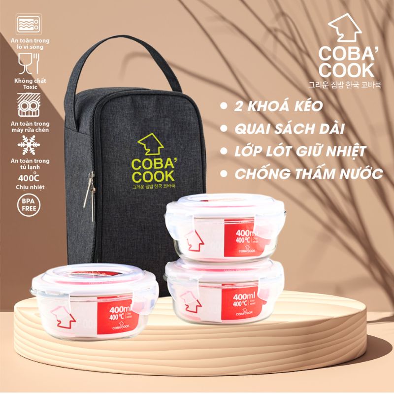 [HCM]Bộ hộp cơm thủy tinh chịu nhiệt COBACOOK 3 hộp tròn 400ml 1 túi giữ nhiệt - CCR43BL