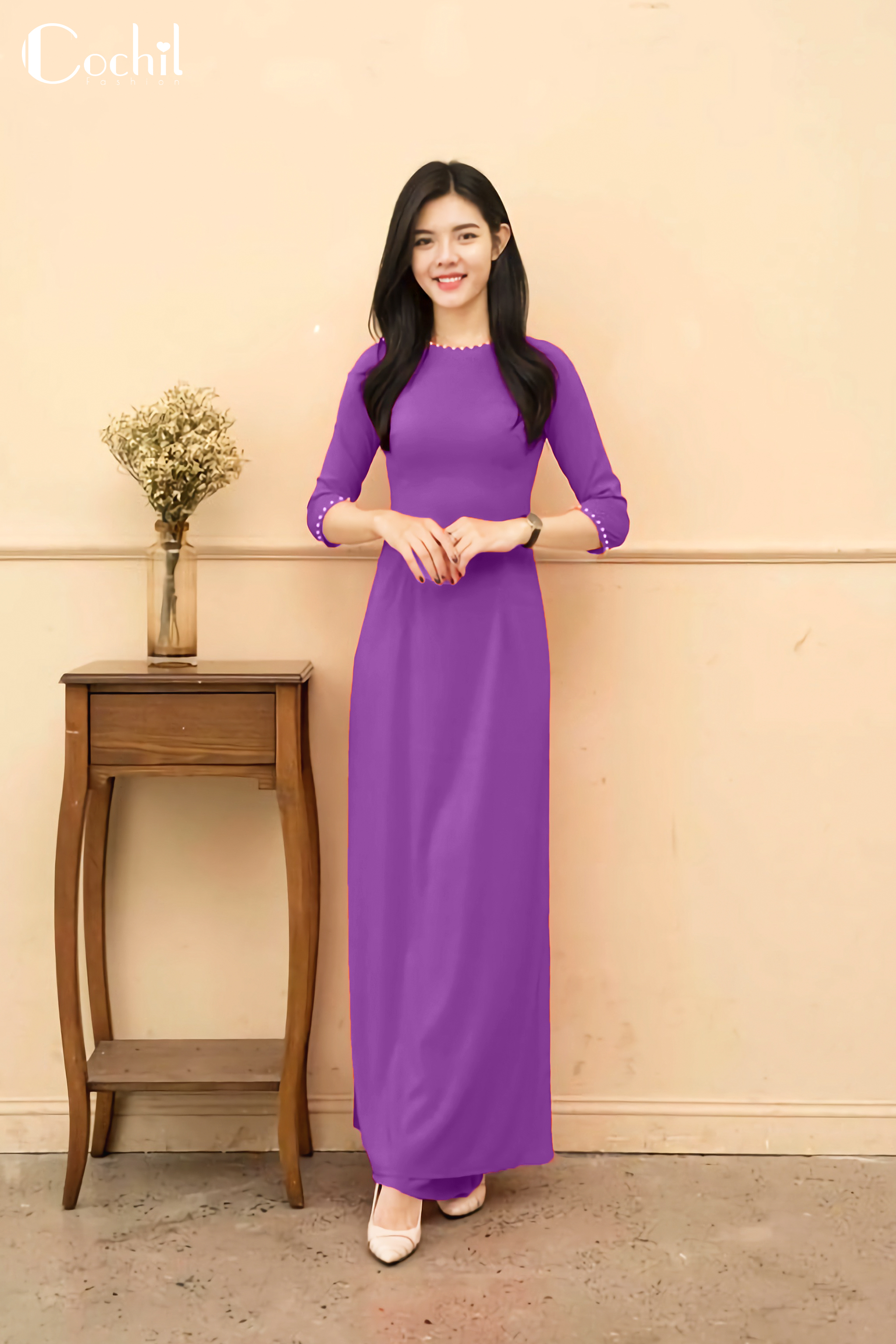 Áo Dài Truyền Thống Lụa Nhật Cổ Tròn - Màu Tím Cẩm (Hồng Tím) | Lazada.Vn