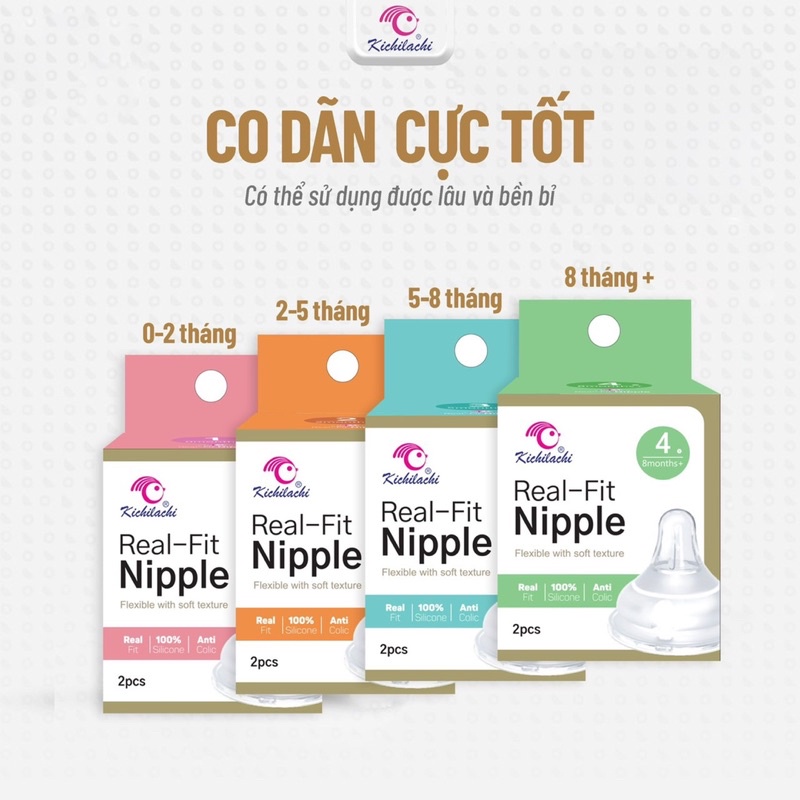 Núm vú bình sữa cổ rộng Kichilachi, núm ti bình sữa silicon siêu mềm