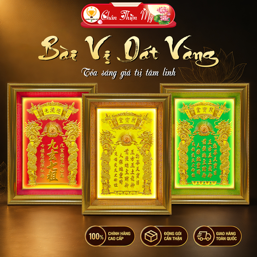 Bài Vị Dát Vàng 24K Họa Tiết Phù Điêu CHÂN THIỆN MỸ, Vật Phẩm Phong Thủy Trang Trí Bàn Thờ