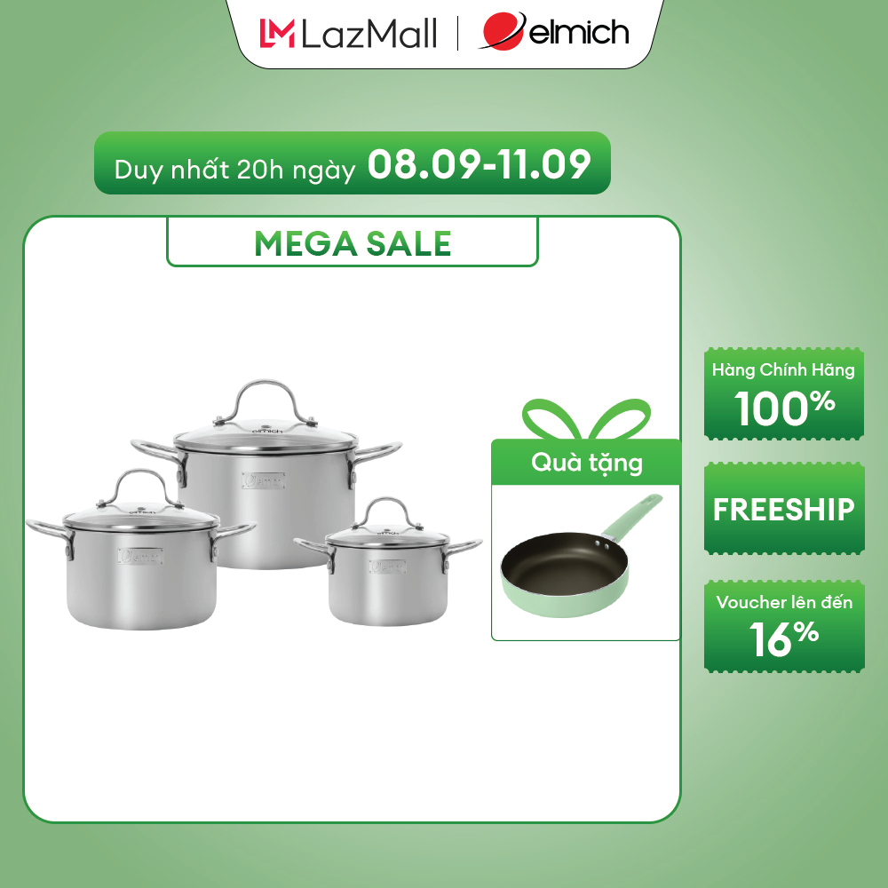 (Duy nhất từ 25-29.09)Bộ nồi inox nguyên khối Elmich Trimax classic EL-2136OL02 size 16, 20, 24cm