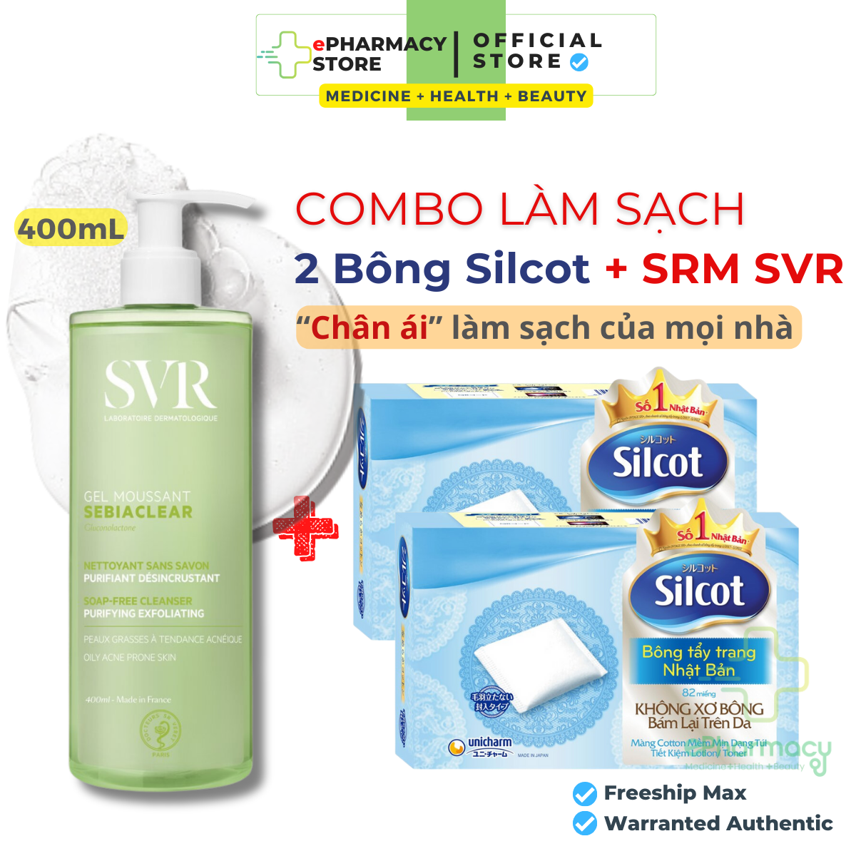 Combo Sữa Rửa Mặt SVR Gel Moussant Sebiaclear + Combo 2 Bông Silcot 82 miếng - Combo làm sạch