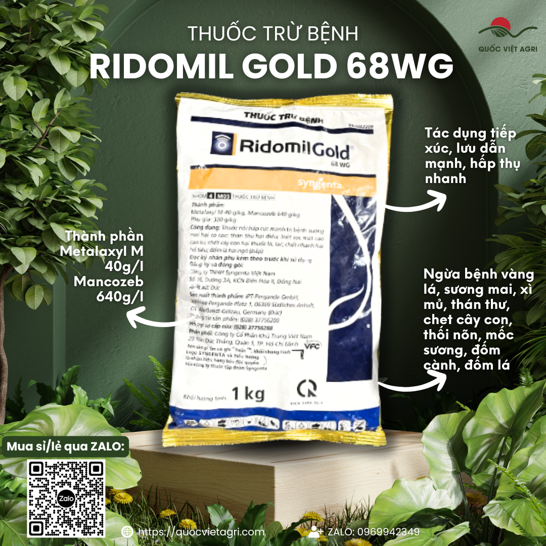 Thuốc trừ bệnh RIDOMIL GOLD 68WG (gói 1KG) - Metalaxyl M 40g/kg + Mancozeb 640g/kg Trừ bệnh thối rễ, thán thư, chết nhanh đốm lá
