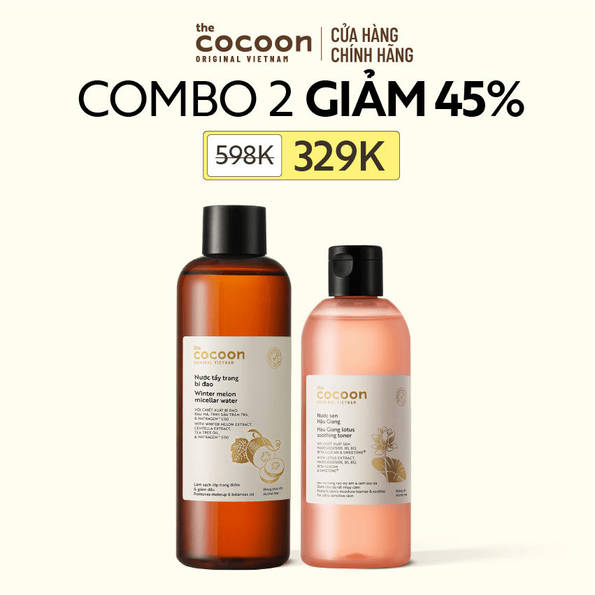 COMBO 1 Bigsize Nước tẩy trang bí đao 500ml +  Nước sen Hậu Giang (toner) Cocoon giúp phục hồi đa nhiệm cho da rất nhạy cảm 310ml