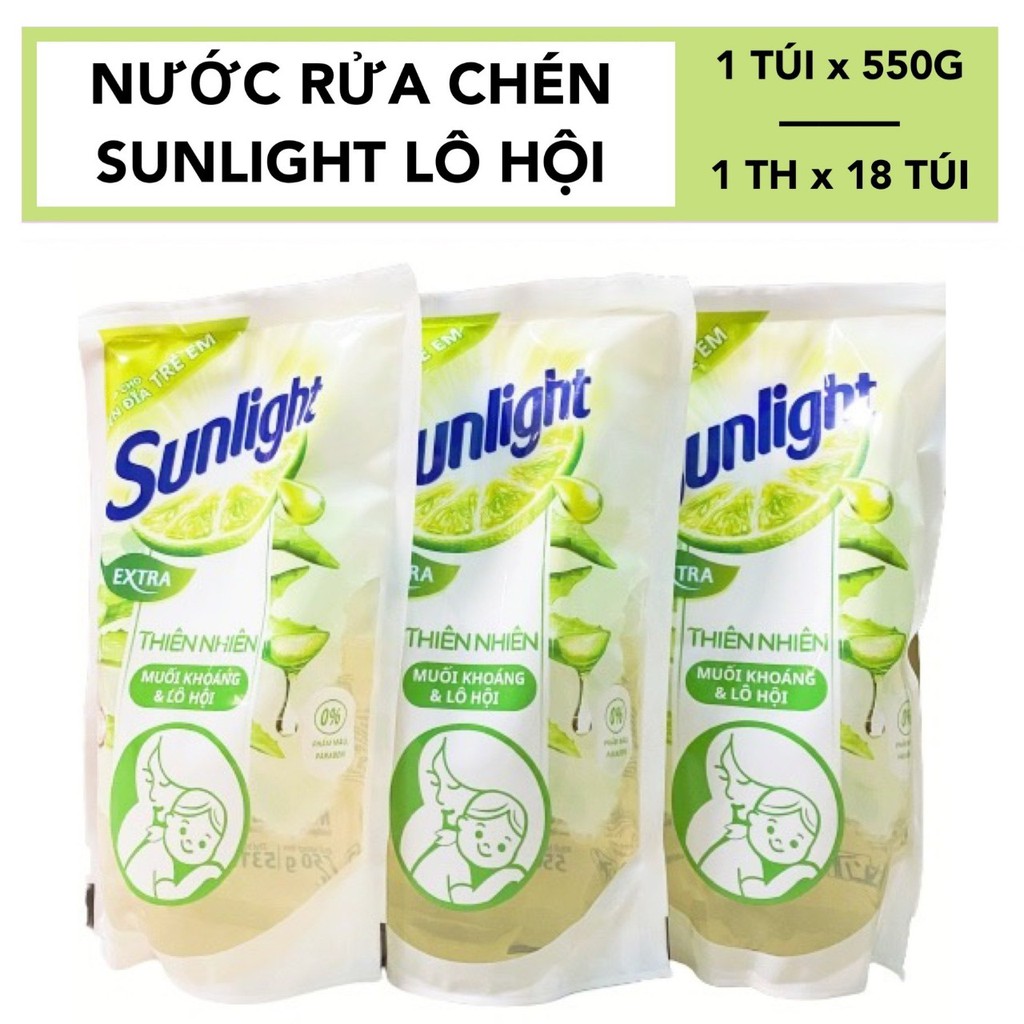 COMBO 3 TÚI - Nước rửa chén Sunlight Thiên Nhiên Lô Hội Muối khoáng 550ml/túi