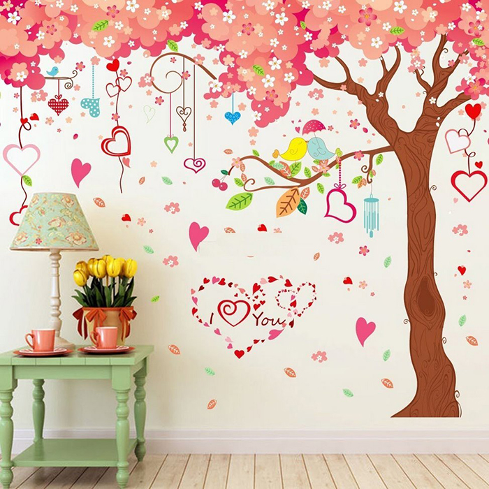 Decal dán tường decal trang trí cây đào hồng size lớn có sẵn keo PK286