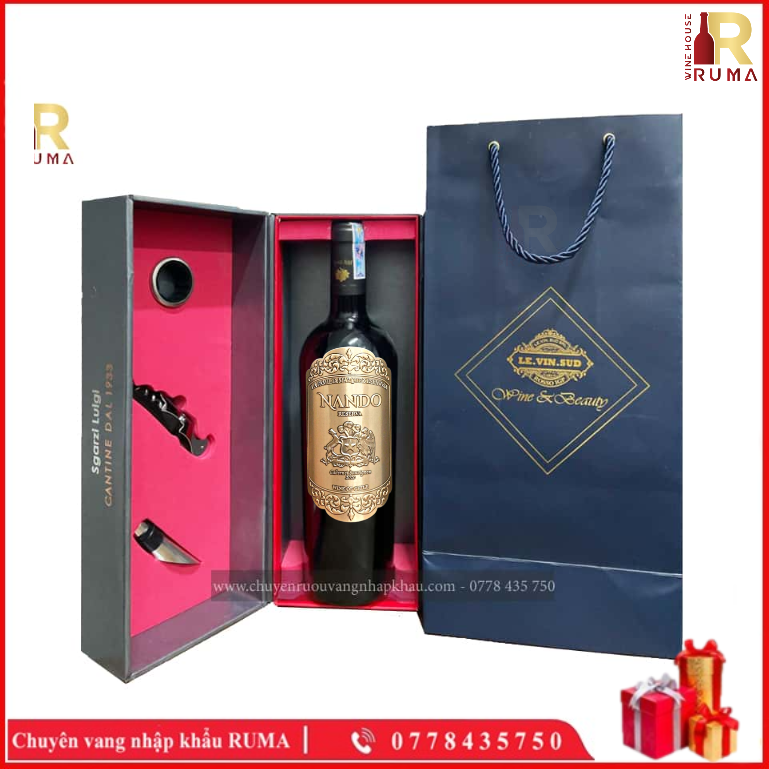 [Nhập khẩu chính hãng] Hộp quà tặng Hộp 1 chai vang Chile Nando Reserva kèm phụ kiện