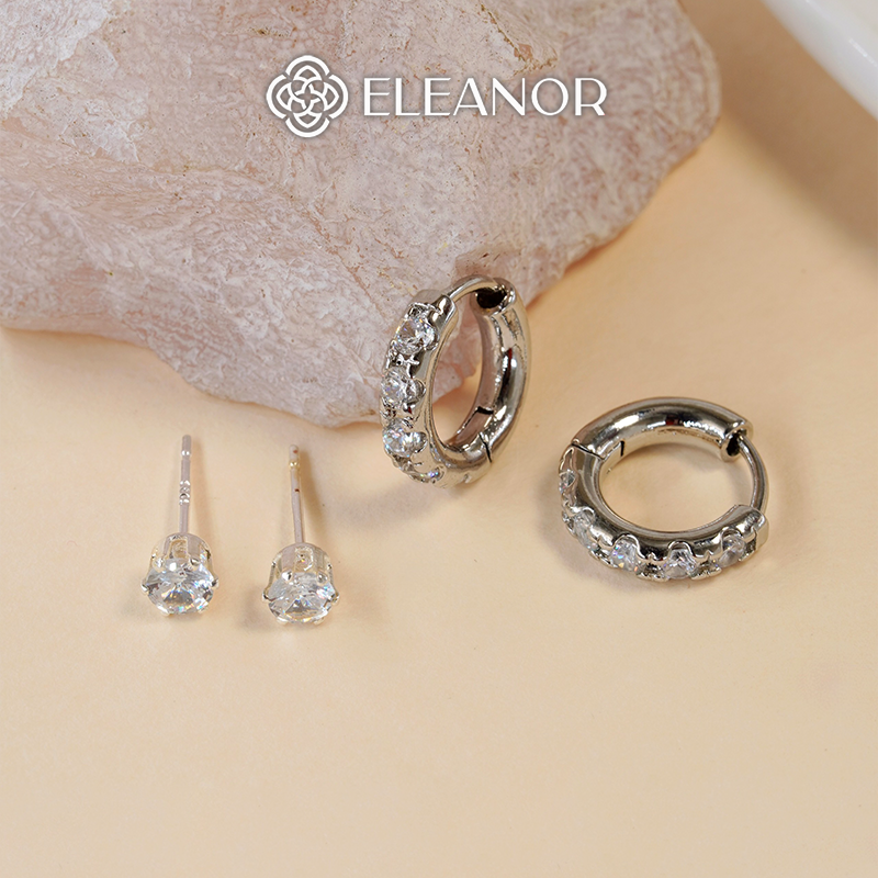  Set bông tai nữ chuôi bạc 925 Eleanor Accessories khuyên tai tròn đính đá phụ kiện trang sức 9212 