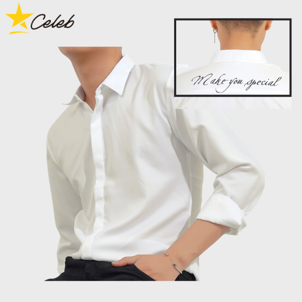CELEB Áo Sơ Mi Trắng Giấu Nút In Chữ Ngang Vai