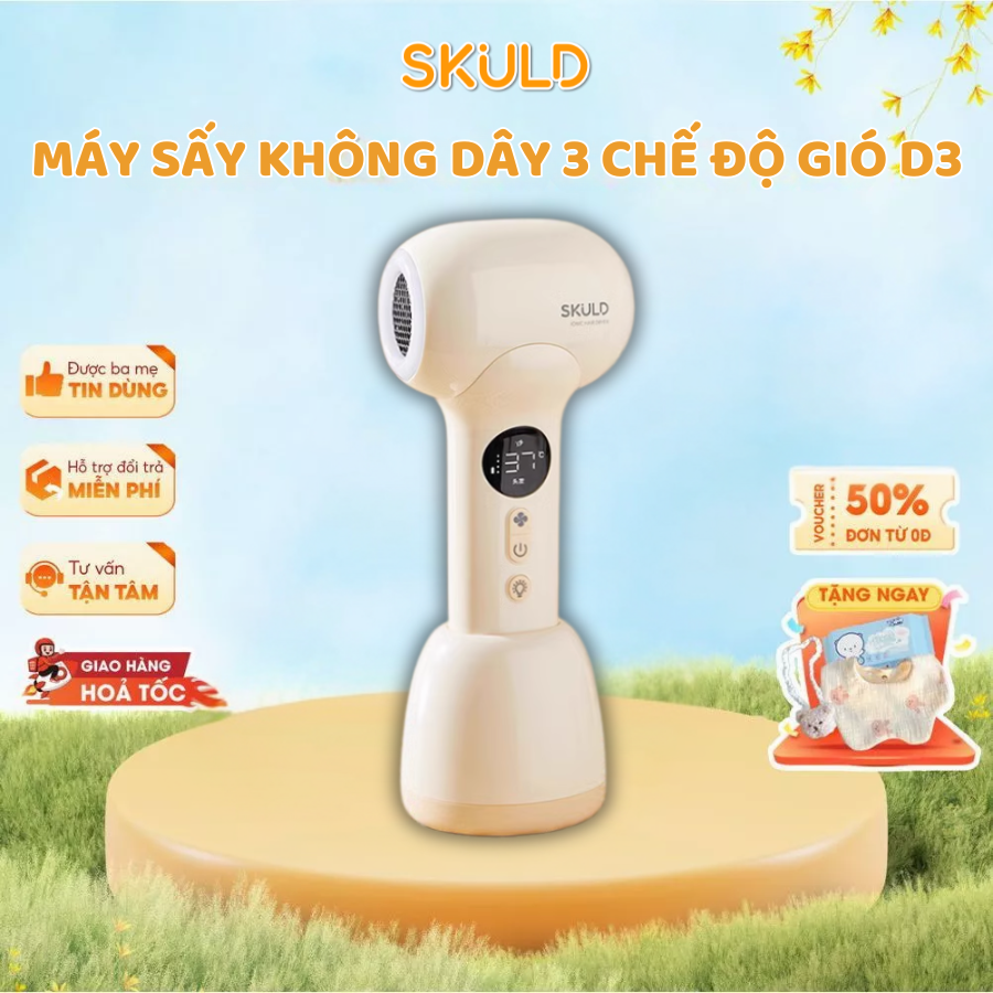 Máy Sấy Tóc Ion Âm SKULD D3 Không Dây - Điều Chỉnh 3 Chế Độ, Cảm Ứng, Độ Ồn Thấp, Chống Bức Xạ, An Toàn Cho Bé IQKAO