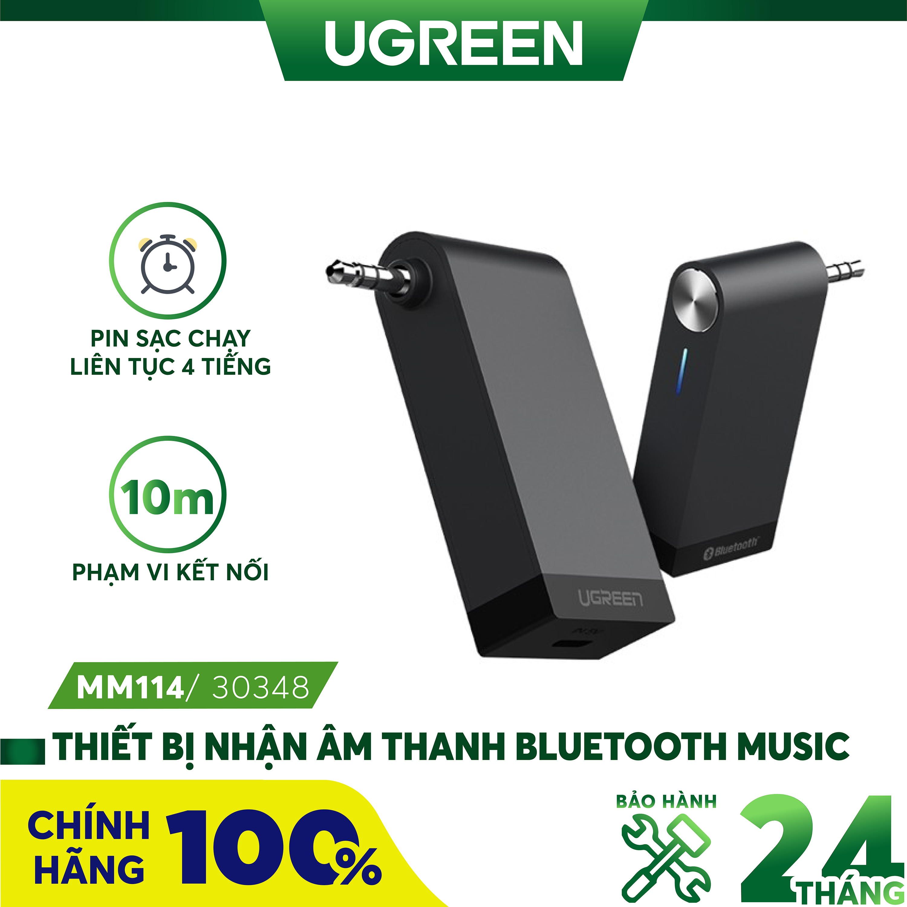Thiết bị nhận Bluetooth Music Receiver Aux 3,5mm stereo Ugreen 30348 có hỗ trợ Micphone Chính Hãng