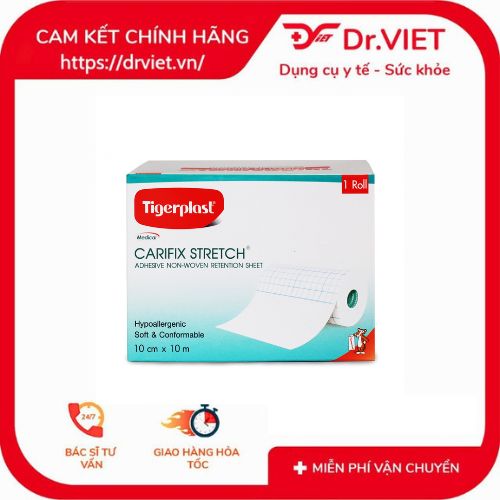Băng keo co giãn Carifix Stretch 10cm x 10m đàn hồi cao, bám dính tốt, dùng cố định vết thương, thoáng khí, an toàn cho da, phù hợp y tế và gia đình