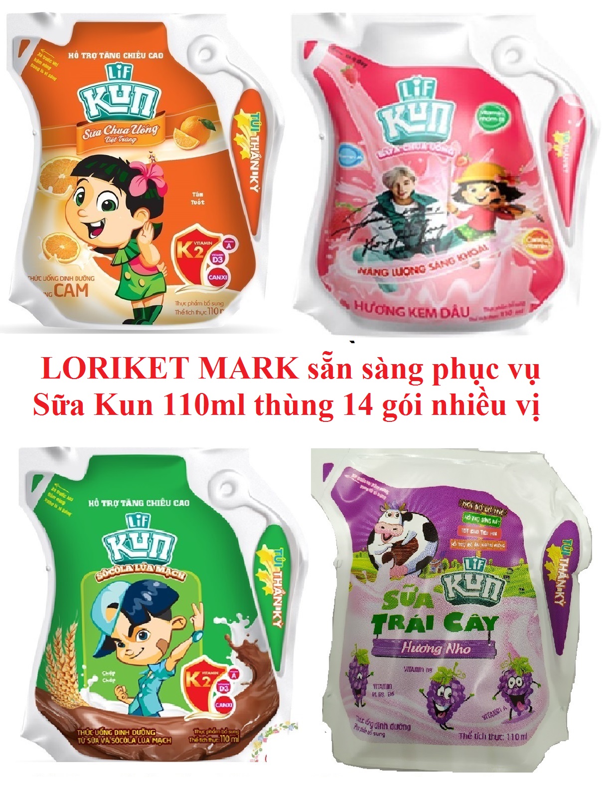 Sữa Kun túi thần kì 110ml nhiều vị Cam, Nho, Dâu, Socola và vị ổi thùng 24 gói của LORIKET MARK có loại mix tổng hợp các loại