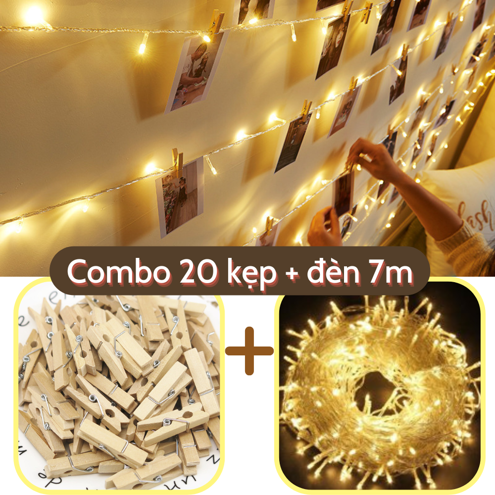 Combo 20 kẹp gỗ + 1 dây led 7 mét màu vàng không nháy cắm điện trang trí phòng xinh
