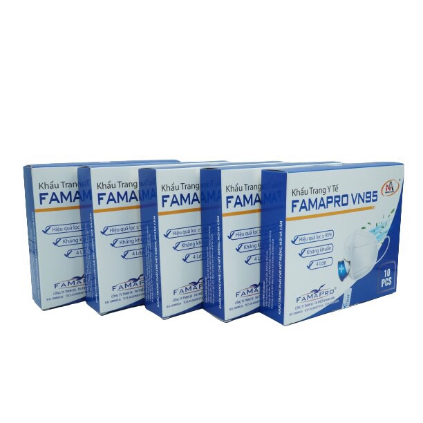 5 hộp khẩu trang y tế kháng khuẩn 4 lớp Famapro VN95 màu trắng (10 cái /hộp )