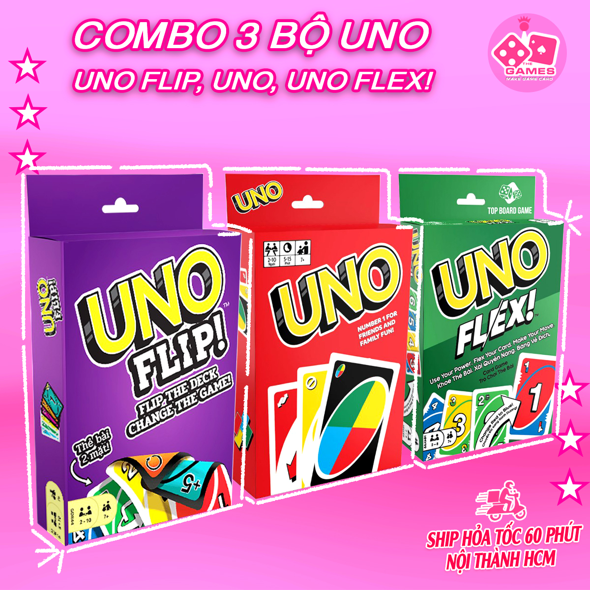 COMBO 3 BỘ UNO FLIP, UNO Flex, UNO Cơ Bản trò chơi giả trí gắn kết bạn bè Boardgame vui vẻ