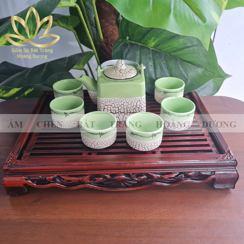 Bộ ấm chén bát tràng men rạn rv3 300ml kèm khay