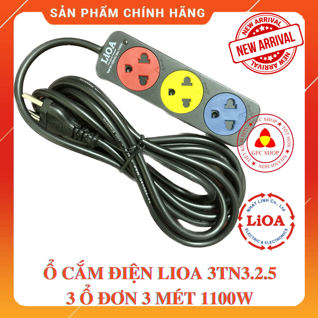 (Mẫu mới 2022) Ô cắm Lioa 3 ổ đa năng 3TN3.2.5 dây 3m Công suất 1100W màu đen - Nắp che an toàn chủ động