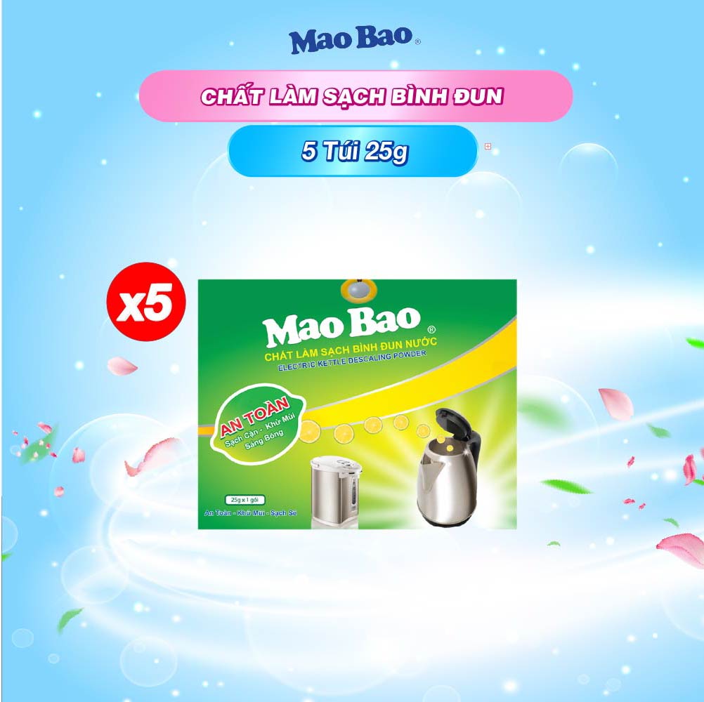 Combo 5 Túi Chất tẩy cặn làm sạch bình đun Mao Bao gói 25g tẩy cặn canxi, cặn bẩn, khử mùi bình nước, an toàn sức khỏe
