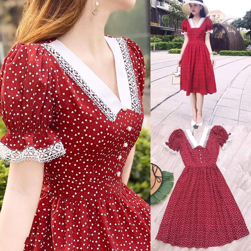[HCM]Váy đầm đỏ hoa nhí thời trang Hoa Anh Đào dáng xòe cổ tim phối ren tay ngắn bồng phù hợp đi chơi dự tiệc size từ 40 - 52kg