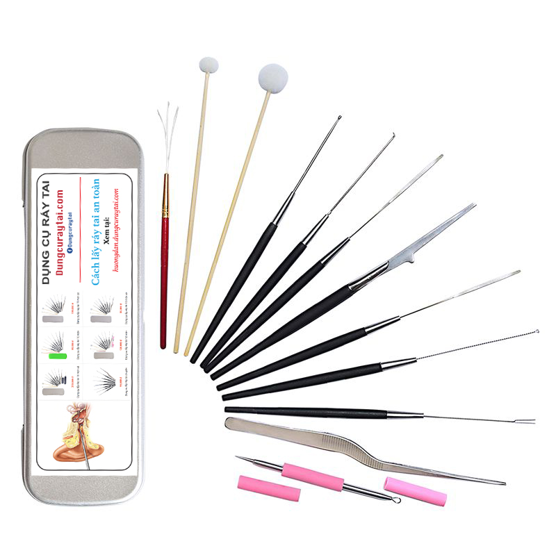 𝐌𝐮𝐚 𝟏 𝐓𝐚̣̆𝐧𝐠 𝟏 Bộ lấy ráy tai chuyên nghiệp 12 món hộp kim loại cao cấp Tặng Lông đuôi ngựa ngoáy tai