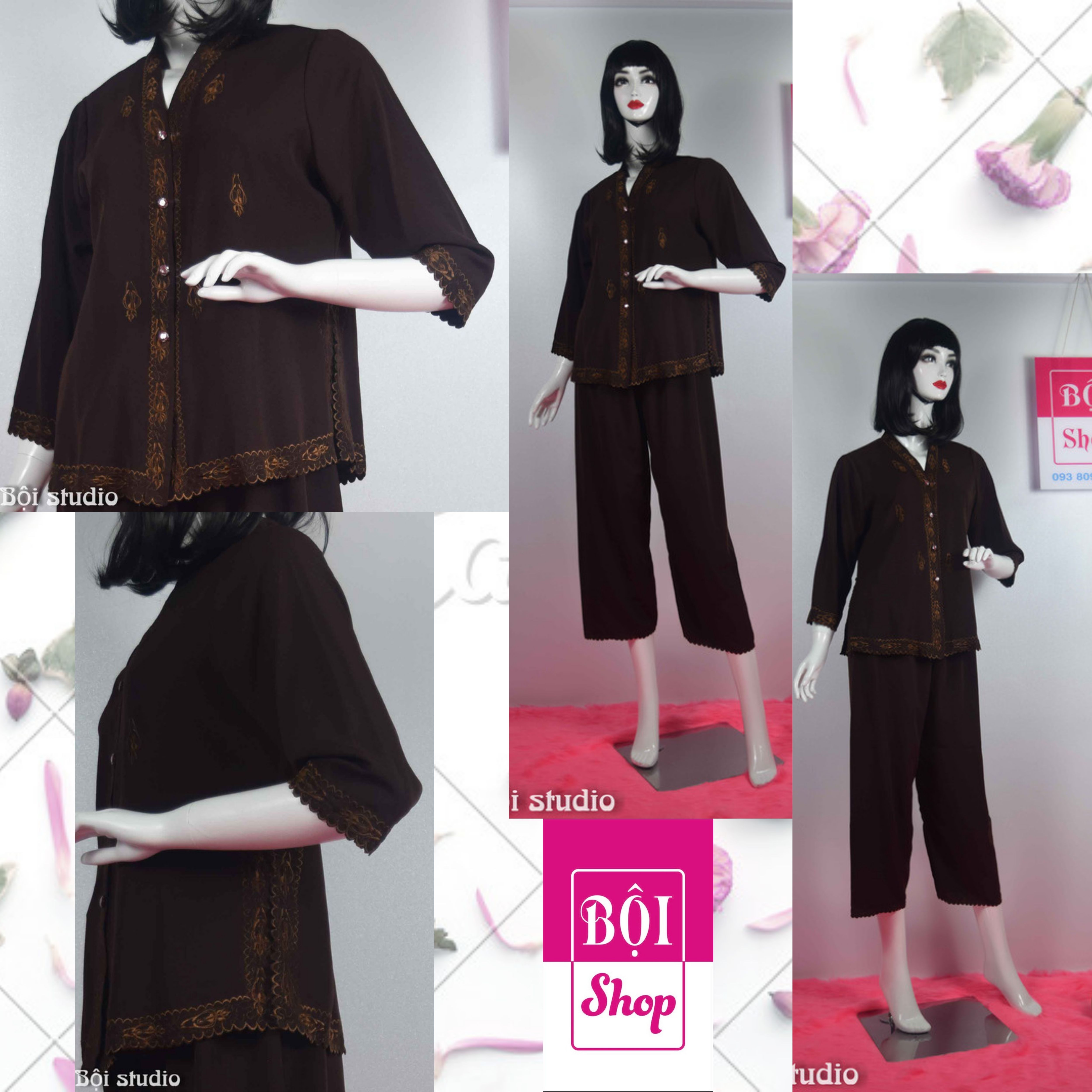 Set đồ bộ bà lai đi chùa lụa ấn thêu hoa đẹp , cho mẹ , cho bà . loại tay dài , quần dài-dak-nâu đỏ