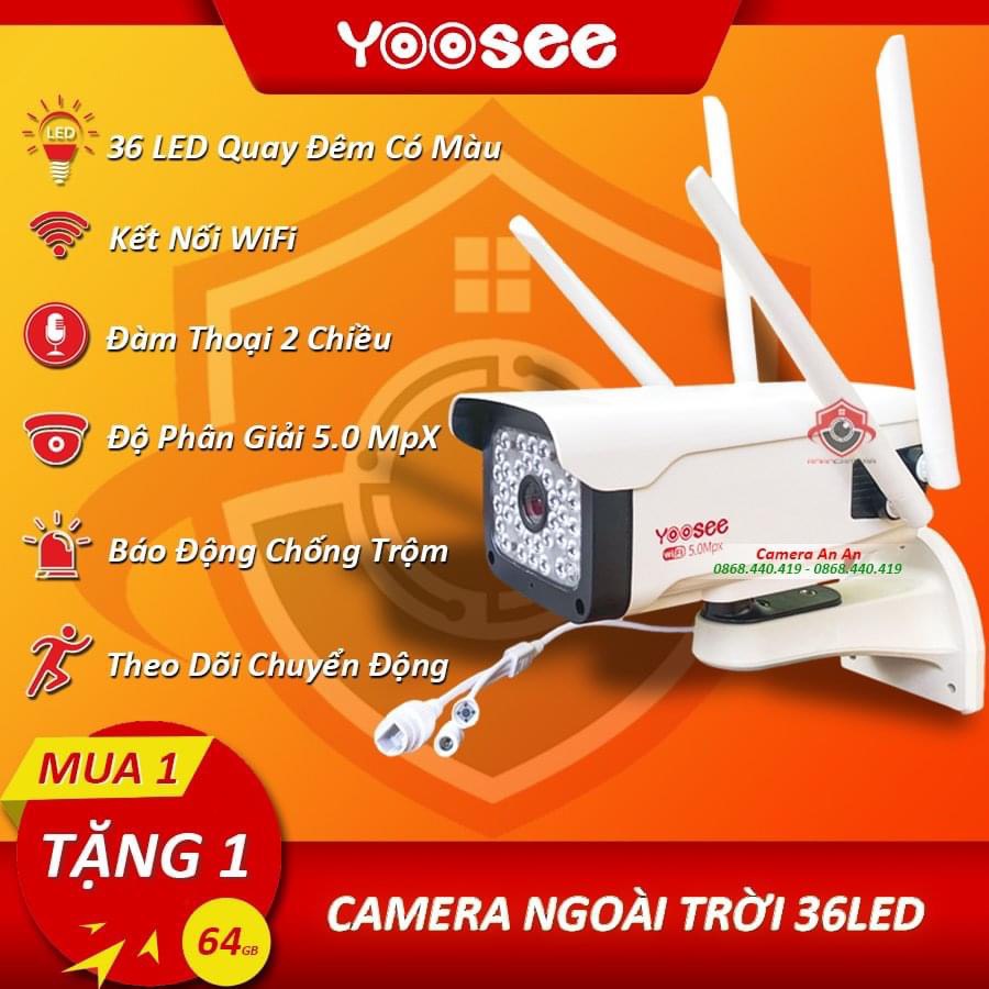 Camera Ngoài trời YOOSEE thân xoay 4 râu 5.0 36LED xoay 360 độ - Combo kèm thẻ nhớ 64Gb - ĐÊM CÓ MÀU