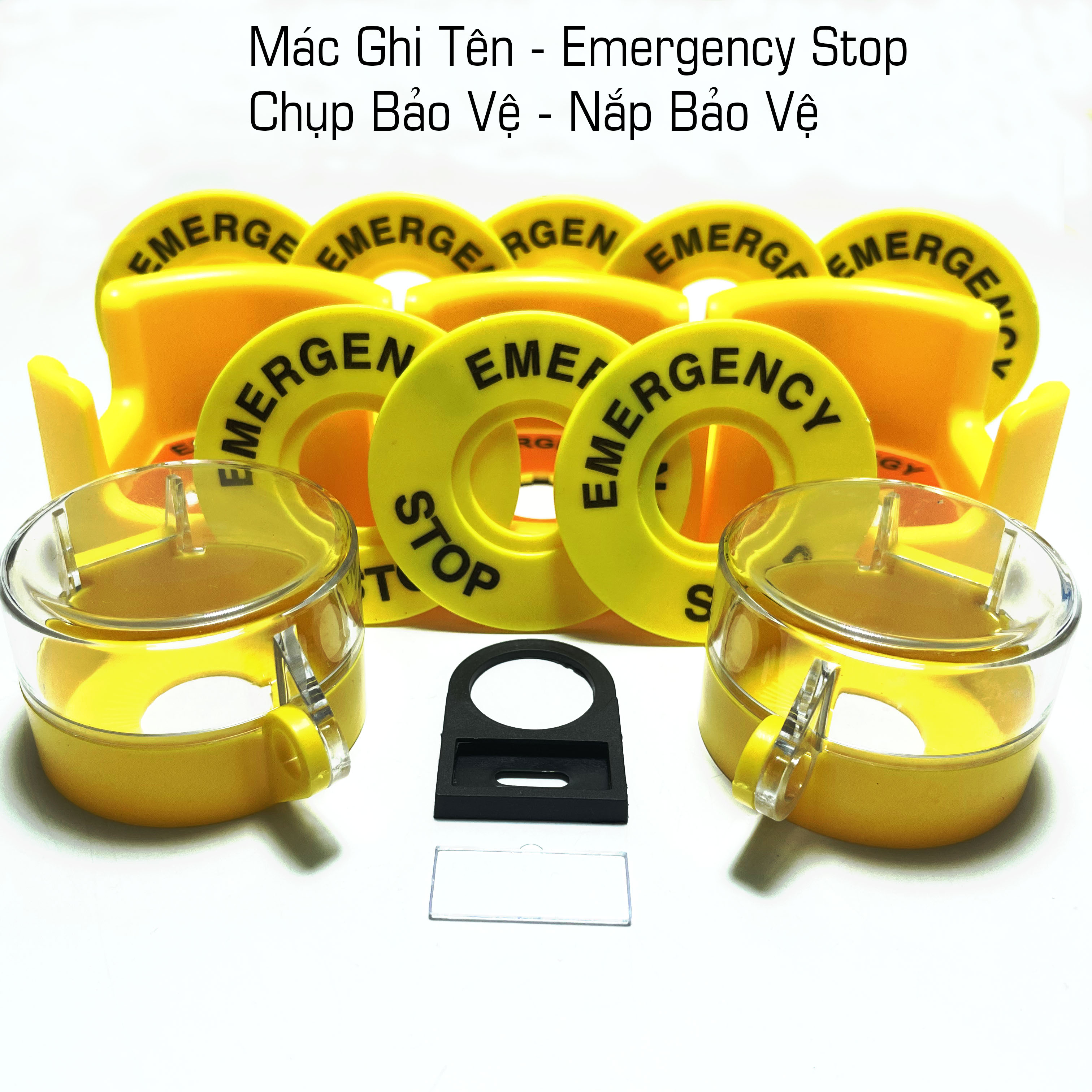 Mác ghi tên gắn tủ điện phi 22 nhãn nút nhấn emergency stop, chụp bảo vệ, nắp bảo vệ nút dừng khẩn cấp