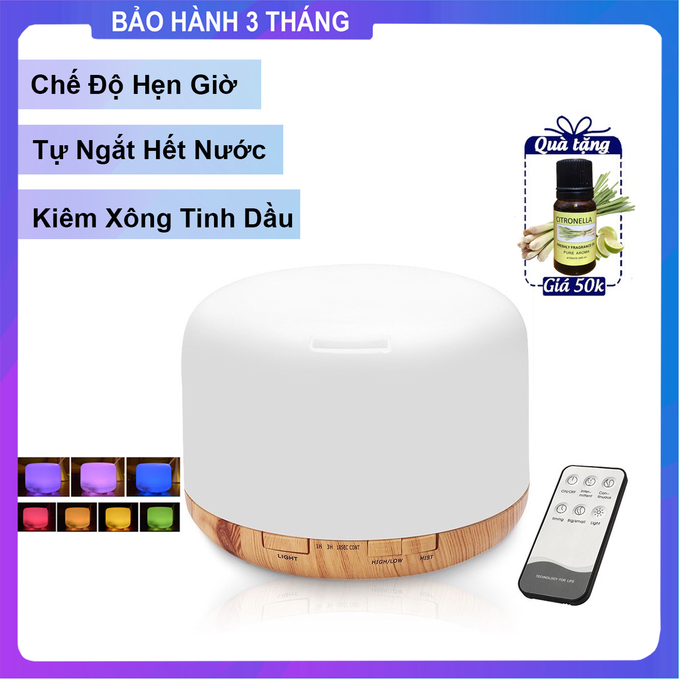 Máy xông tinh dầu siêu âm , máy phun sương cao cấp dung tích 550ml , đèn led 7 màu , tỏa hương thơm xông phòng thư giãn khử mùi đuổi muỗi