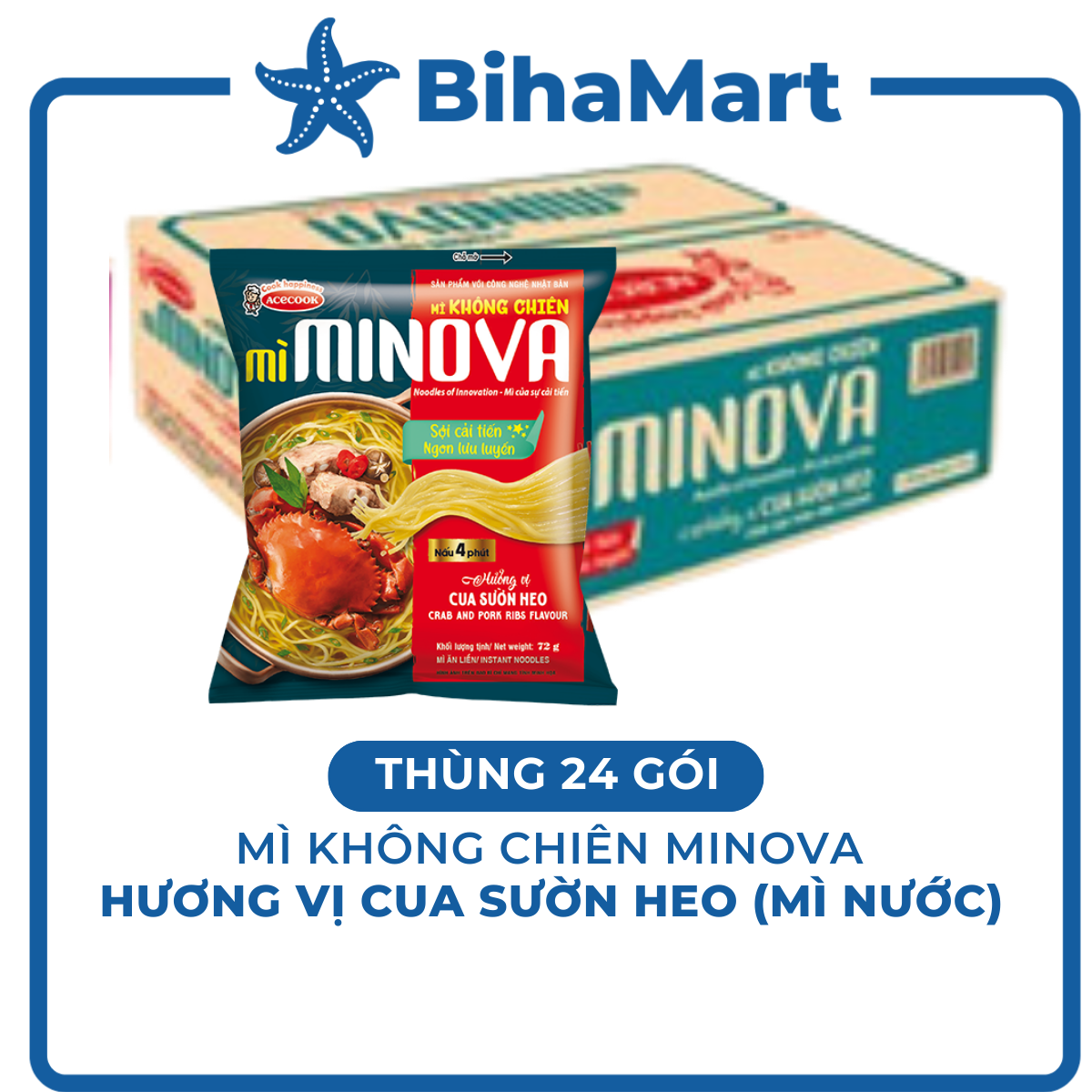 [THÙNG 24 GÓI] - ACECOOK - MINOVA Mì không chiên hương vị cua sườn heo  (72g/gói) - Mì Minova cua sư