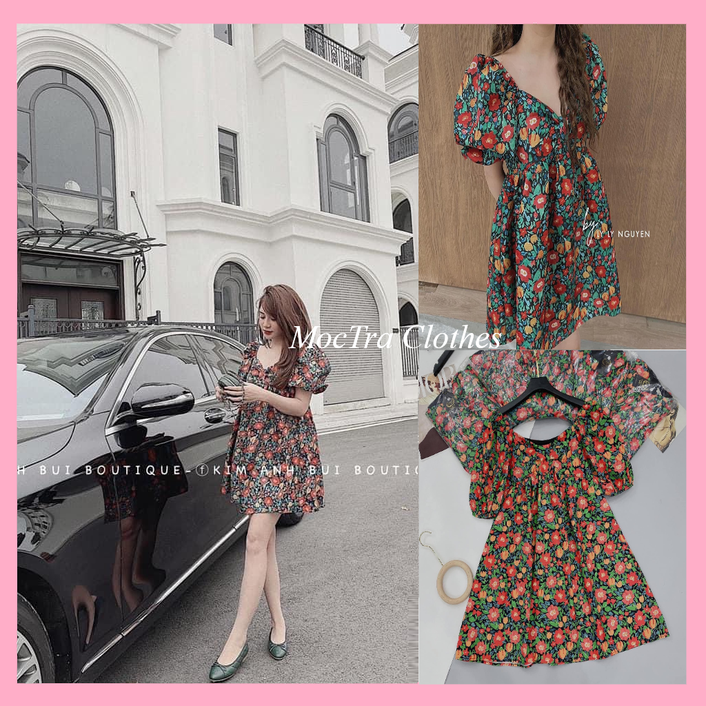 Đầm babydoll hoa nhí tay bồng tiểu thư dáng xòe nhẹ siêu xinh, Váy hoa nữ vintage đi biển cổ vuông rộng dáng ngắn hàng đẹp giá rẻ phù hợp đi biển, đi chơi