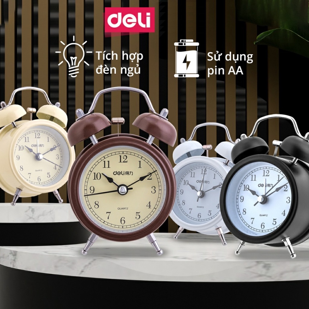 Đồng hồ báo thức có chuông reo Deli 9024 / Đồng hồ kim trôi khung thép không rỉ