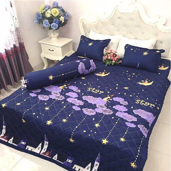 Set 3 ga gối - Bộ ga chun và 2 vỏ gối nằm chất Cotton Poly họa tiết sao Star