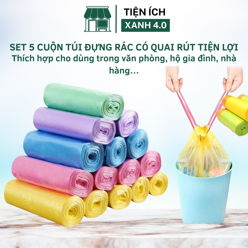 Combo 5 cuộn túi đựng rác có dây rút tự phân hủy kích thước 45x50cm, bao đựng rác có dây rút