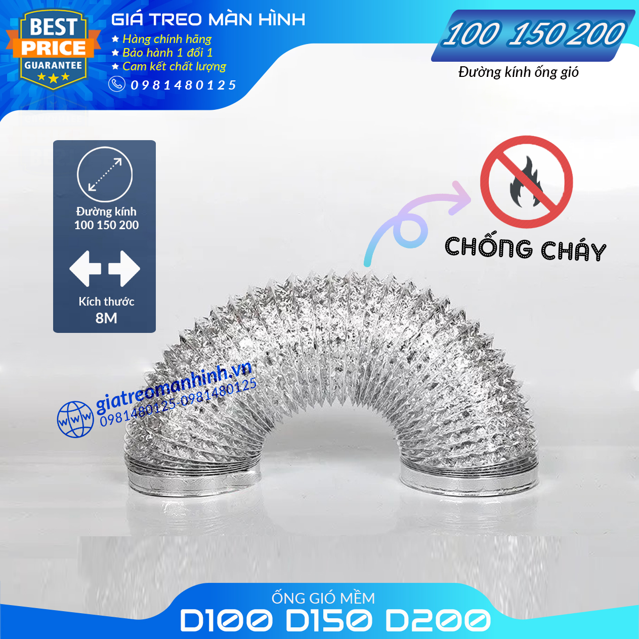 Ống thông gió tròn, ống gió mềm , ống dẫn gió mềm đường kính d100 d150 d200 cuộn 8 mét
